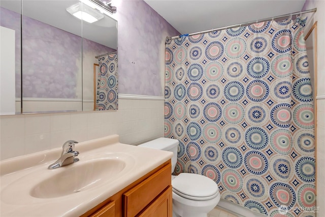 220 Alder Ave, Sumner, WA 98390 - bathroom featuring toilet, tile walls, vanity, and curtained shower