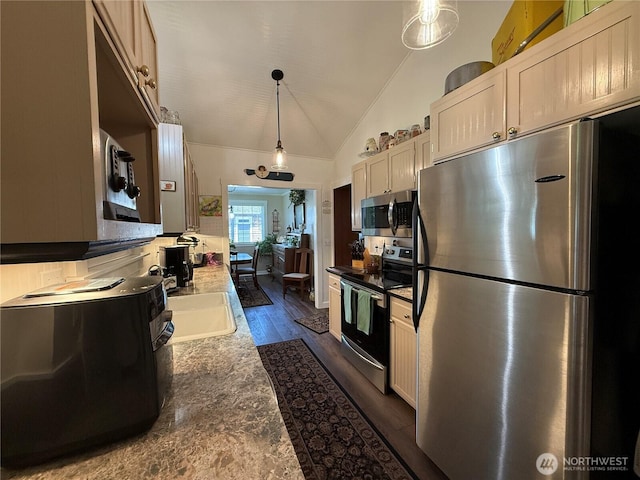 115 15th St SW, Long Beach, WA 98631 - kitchen with appliances with stainless steel finishes, hanging light fixtures, dark wood-type flooring, a sink, and high vaulted ceiling
