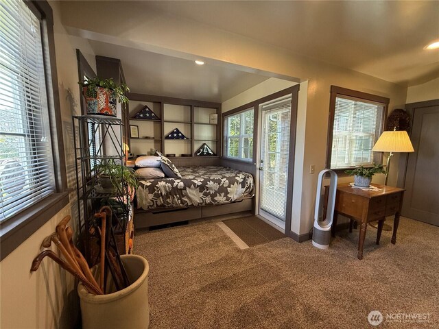 115 15th St SW, Long Beach, WA 98631 - bedroom with carpet flooring, access to outside, recessed lighting, and baseboards