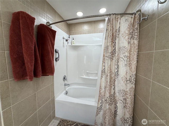 115 15th St SW, Long Beach, WA 98631 - full bath with tile walls, shower / bath combo, recessed lighting, and tile patterned flooring