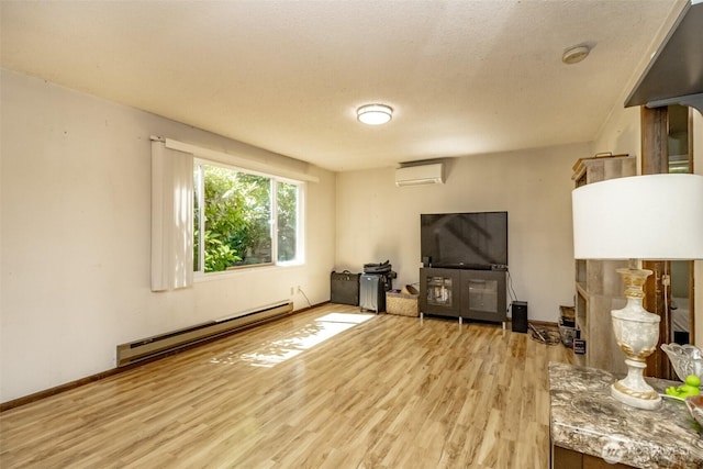2111 SW Silvan View Ct SW, Olympia, WA 98512 - unfurnished living room featuring a baseboard radiator, an AC wall unit, light wood-style flooring, and a textured ceiling