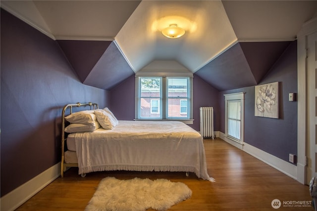 1510 Water St SW, Olympia, WA 98501 - bedroom featuring radiator heating unit, baseboards, wood finished floors, and vaulted ceiling