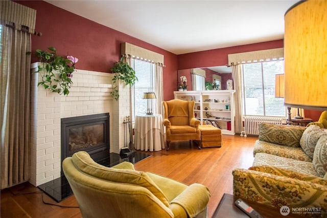 1510 Water St SW, Olympia, WA 98501 - living area with radiator heating unit, plenty of natural light, wood finished floors, and a fireplace