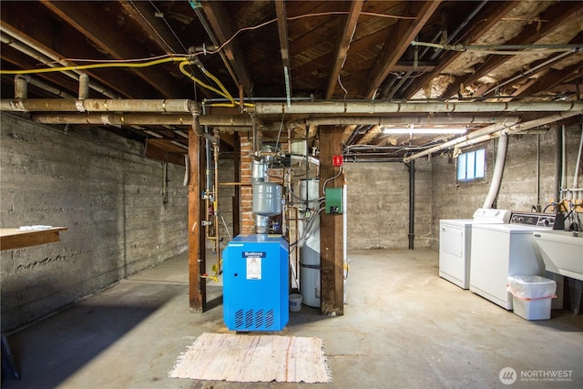 1510 Water St SW, Olympia, WA 98501 - basement with washing machine and clothes dryer, a heating unit, and a sink