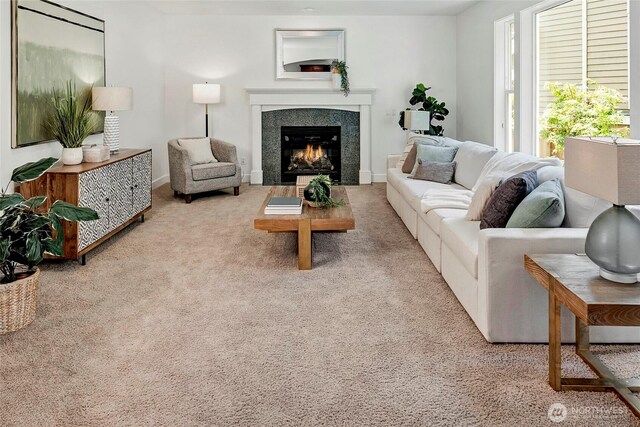 1122 140th Ave SE, Bellevue, WA 98005 - living room featuring a tile fireplace, carpet floors, and baseboards