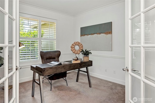 1122 140th Ave SE, Bellevue, WA 98005 - carpeted office featuring french doors, crown molding, and baseboards