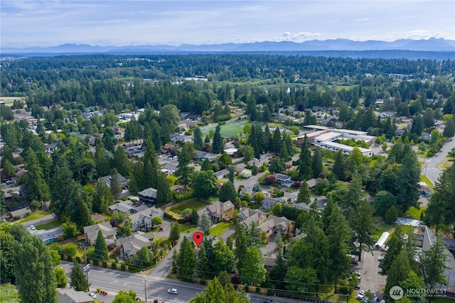 1122 140th Ave SE, Bellevue, WA 98005 - aerial view of property and surrounding area featuring a mountain backdrop and a heavily wooded area