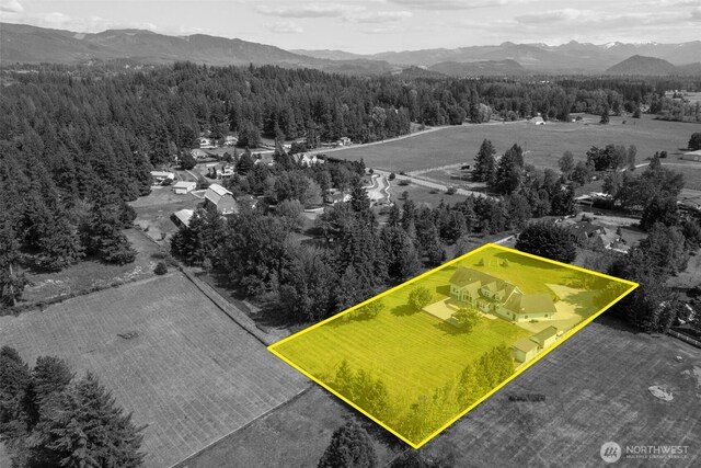24022 SE 384th St, Enumclaw, WA 98022 - view of property location with a heavily wooded area, mountains, and property boundaries highlighted