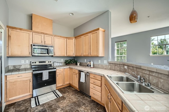 1855 Trossachs Blvd SE Unit 1404, Sammamish, WA 98075 - kitchen with stainless steel appliances, light brown cabinets, tile counters, a sink, and stone finish flooring