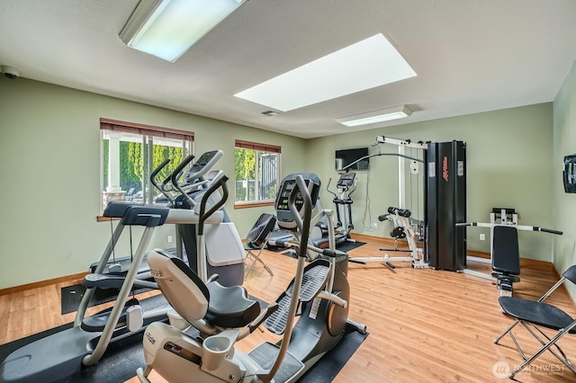 1855 Trossachs Blvd SE Unit 1404, Sammamish, WA 98075 - workout area featuring a skylight, wood finished floors, and baseboards
