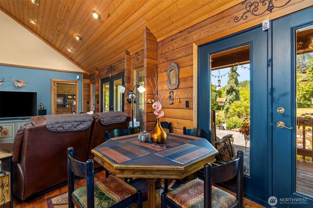 505 SW 19th St, Chehalis, WA 98532 - dining area with french doors, wooden ceiling, vaulted ceiling, wood finished floors, and recessed lighting