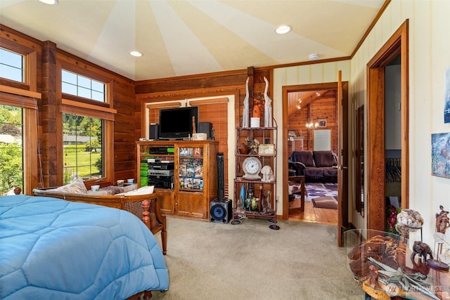 505 SW 19th St, Chehalis, WA 98532 - carpeted bedroom featuring wooden walls, recessed lighting, and vaulted ceiling