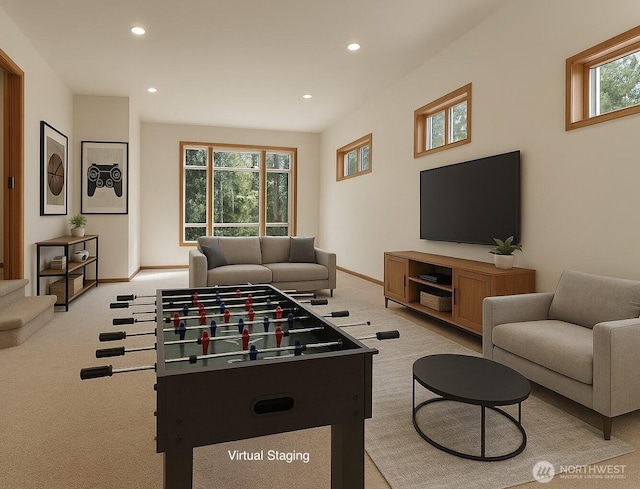 18713 NE 51st Ct, Sammamish, WA 98074 - living area with light colored carpet, recessed lighting, and baseboards