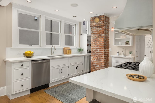 1611 Mcgilvra Blvd E, Seattle, WA 98112 - kitchen with dishwasher, a sink, open shelves, light wood-style floors, and white cabinetry