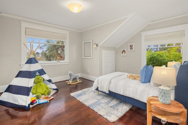 1611 Mcgilvra Blvd E, Seattle, WA 98112 - bedroom featuring multiple windows, wood finished floors, baseboards, lofted ceiling, and crown molding