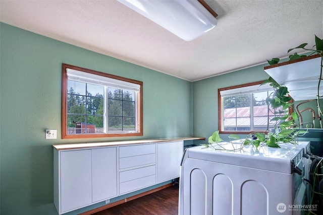 14938 Frenchie Ln SE, Yelm, WA 98597 - laundry area featuring healthy amount of natural light, dark wood-type flooring, washer / clothes dryer, and a textured ceiling