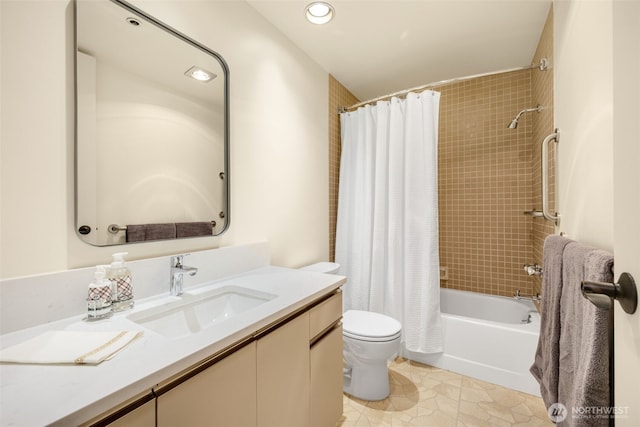 98 Union St Unit 301, Seattle, WA 98101 - bathroom featuring vanity, toilet, shower / tub combo with curtain, tile patterned flooring, and recessed lighting