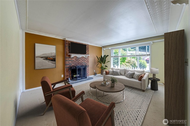 5611 128th Pl SE, Everett, WA 98208 - living area featuring carpet flooring, a brick fireplace, and ornamental molding