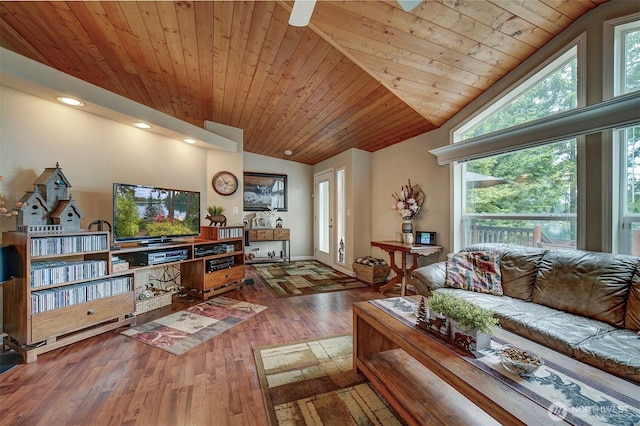 1510 E Benson Lake Dr, Grapeview, WA 98546 - living room featuring vaulted ceiling, wood ceiling, wood-type flooring, and recessed lighting