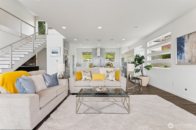6720 Soundview Dr NE, Tacoma, WA 98422 - living area with wood finished floors, stairway, and recessed lighting