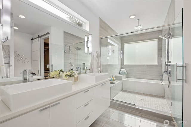 6720 Soundview Dr NE, Tacoma, WA 98422 - full bath with a shower stall, double vanity, recessed lighting, tile patterned flooring, and a tub