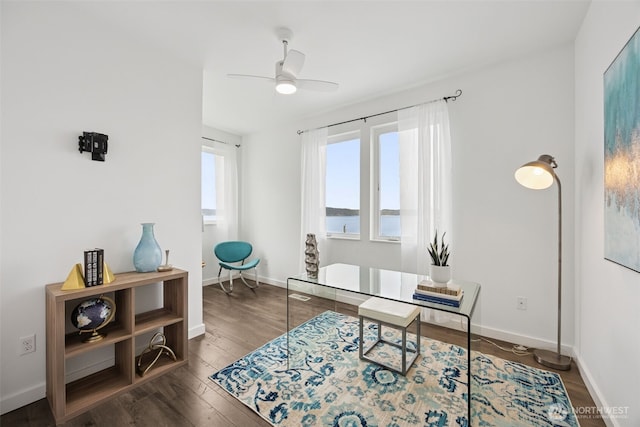 6720 Soundview Dr NE, Tacoma, WA 98422 - office featuring a ceiling fan, wood finished floors, and a water view