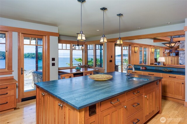 481 Grimes Riker Ln, Lopez Island, WA 98261 - kitchen with a sink, a kitchen island with sink, light wood-style floors, plenty of natural light, and recessed lighting
