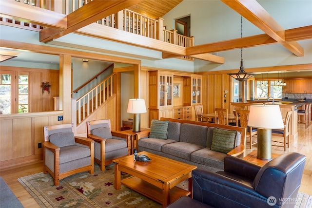 481 Grimes Riker Ln, Lopez Island, WA 98261 - living room with healthy amount of natural light, wood finished floors, high vaulted ceiling, stairway, and beamed ceiling