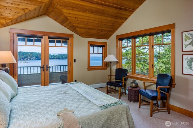 481 Grimes Riker Ln, Lopez Island, WA 98261 - bedroom with vaulted ceiling, french doors, baseboards, access to outside, and wooden ceiling