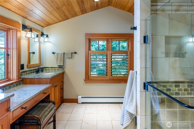 481 Grimes Riker Ln, Lopez Island, WA 98261 - bathroom featuring baseboard heating, vanity, wooden ceiling, vaulted ceiling, and a shower with shower door