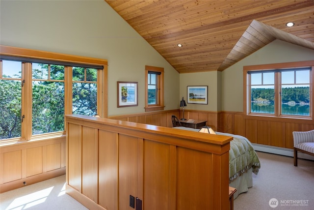 481 Grimes Riker Ln, Lopez Island, WA 98261 - carpeted bedroom with lofted ceiling, a wainscoted wall, recessed lighting, and wood ceiling