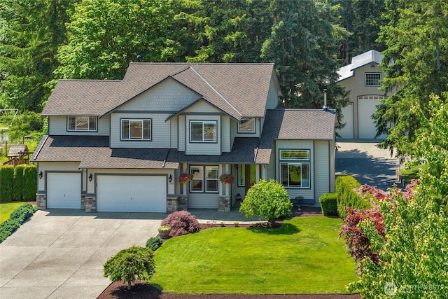 11024 127th Ave NE, Lake Stevens, WA 98258 - craftsman-style house with concrete driveway, a garage, a front lawn, a shingled roof, and stone siding