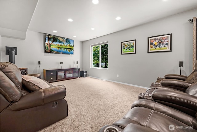 11024 127th Ave NE, Lake Stevens, WA 98258 - home theater room with carpet, recessed lighting, baseboards, and a wood stove