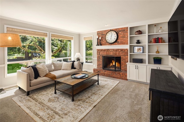 25819 NE 9th St, Sammamish, WA 98074 - living area featuring light colored carpet, crown molding, and a brick fireplace