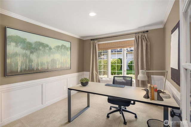25819 NE 9th St, Sammamish, WA 98074 - home office featuring crown molding, carpet flooring, a wainscoted wall, and recessed lighting