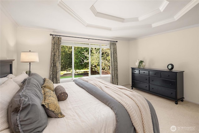 25819 NE 9th St, Sammamish, WA 98074 - bedroom featuring ornamental molding, light colored carpet, and a tray ceiling