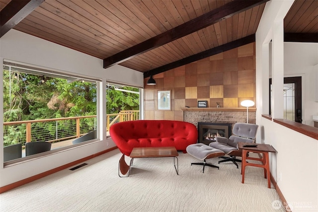 10762 Exeter Ave NE, Seattle, WA 98125 - sitting room with wooden ceiling, a fireplace, carpet, and baseboards