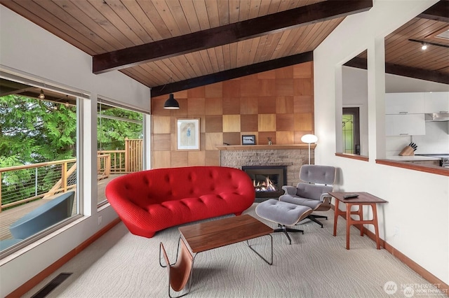 10762 Exeter Ave NE, Seattle, WA 98125 - living area featuring baseboards, wood ceiling, a fireplace, and carpet flooring
