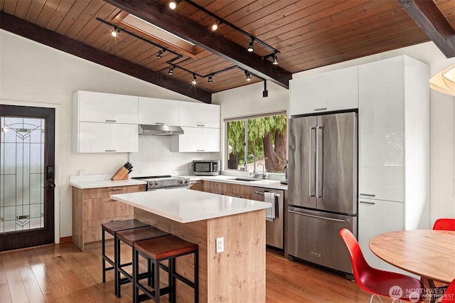 10762 Exeter Ave NE, Seattle, WA 98125 - kitchen featuring stainless steel appliances, under cabinet range hood, wooden ceiling, a sink, and rail lighting