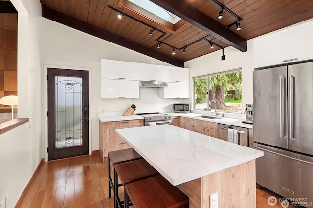 10762 Exeter Ave NE, Seattle, WA 98125 - kitchen featuring appliances with stainless steel finishes, under cabinet range hood, a skylight, rail lighting, and wood ceiling