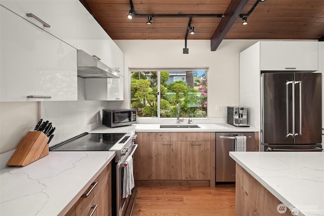 10762 Exeter Ave NE, Seattle, WA 98125 - kitchen featuring stainless steel appliances, track lighting, a sink, under cabinet range hood, and wood ceiling