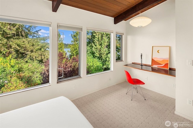 10762 Exeter Ave NE, Seattle, WA 98125 - carpeted office featuring wooden ceiling with exposed beams and baseboards