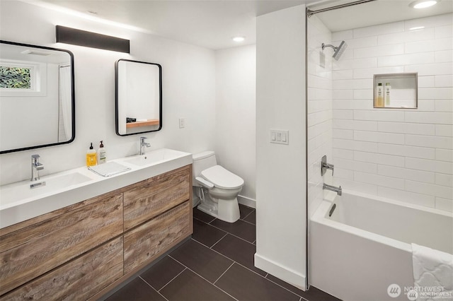10762 Exeter Ave NE, Seattle, WA 98125 - bathroom with toilet, double vanity, tile patterned flooring, shower / tub combination, and baseboards
