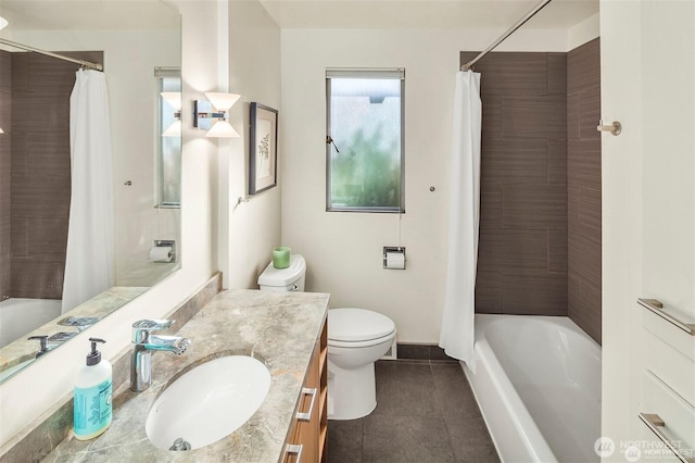 10762 Exeter Ave NE, Seattle, WA 98125 - bathroom with vanity, tile patterned floors, toilet, shower / bathtub combination with curtain, and baseboards