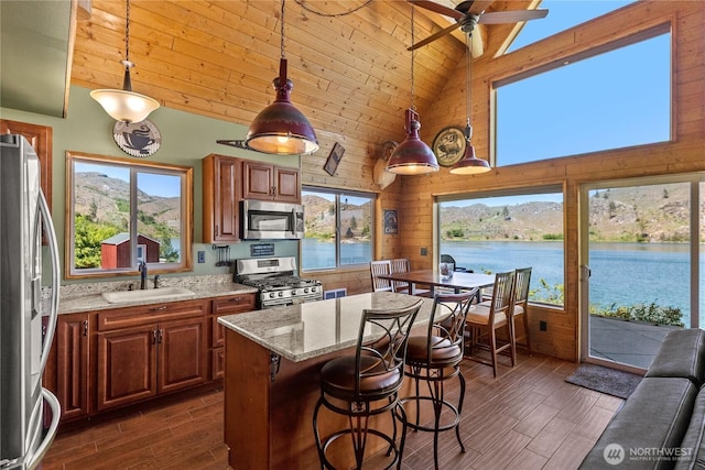 58 Alkali Cuttoff Rd, Riverside, WA 98849 - kitchen with stainless steel appliances, high vaulted ceiling, a sink, dark wood-type flooring, and light stone counters