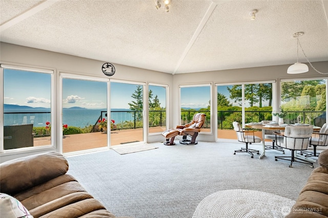 5691 Nakat Way, Blaine, WA 98230 - living area with a textured ceiling, carpet, and a water view