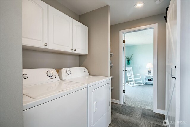 5691 Nakat Way, Blaine, WA 98230 - washroom with separate washer and dryer, cabinet space, dark carpet, baseboards, and recessed lighting