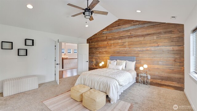 25625 SE Olympic Ln, Black Diamond, WA 98010 - carpeted bedroom with wooden walls, recessed lighting, a chandelier, a ceiling fan, and high vaulted ceiling