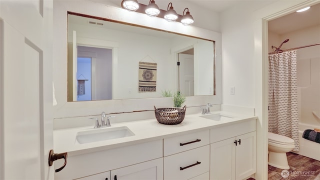 25625 SE Olympic Ln, Black Diamond, WA 98010 - full bathroom featuring toilet, double vanity, wood finished floors, and shower / bathtub combination with curtain
