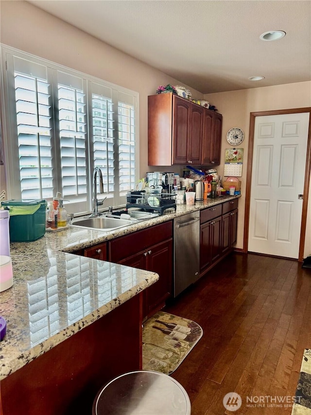 5001 S 122nd Ln, Tukwila, WA 98178 - kitchen with dishwasher, a sink, light stone counters, dark wood finished floors, and recessed lighting
